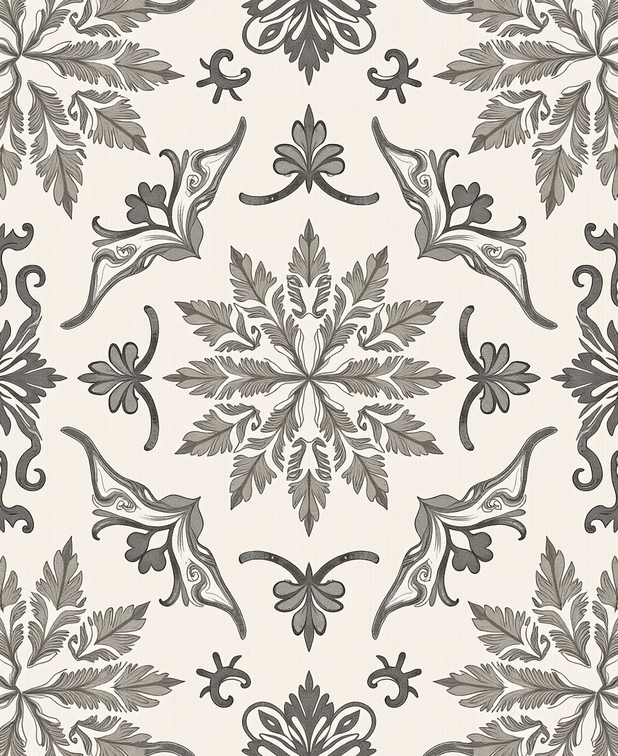Monochromatic Gray Vintage Foliage Mandala Rug