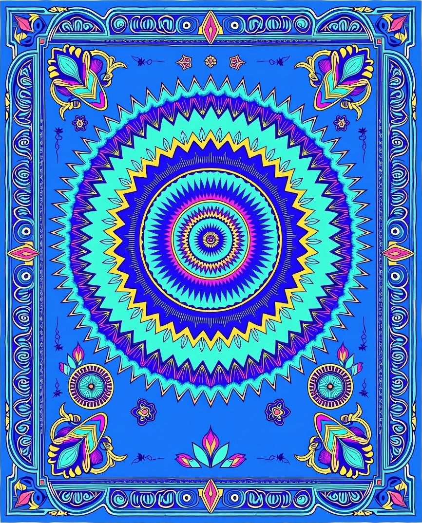Vibrant Blue Floral Sunburst Mandala Rug