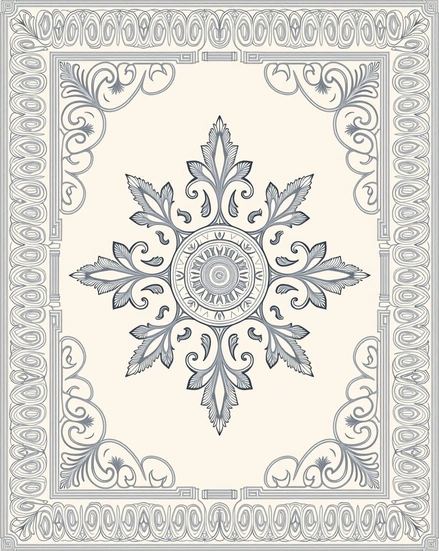 Ornate Gray Floral Medallion Border Rug