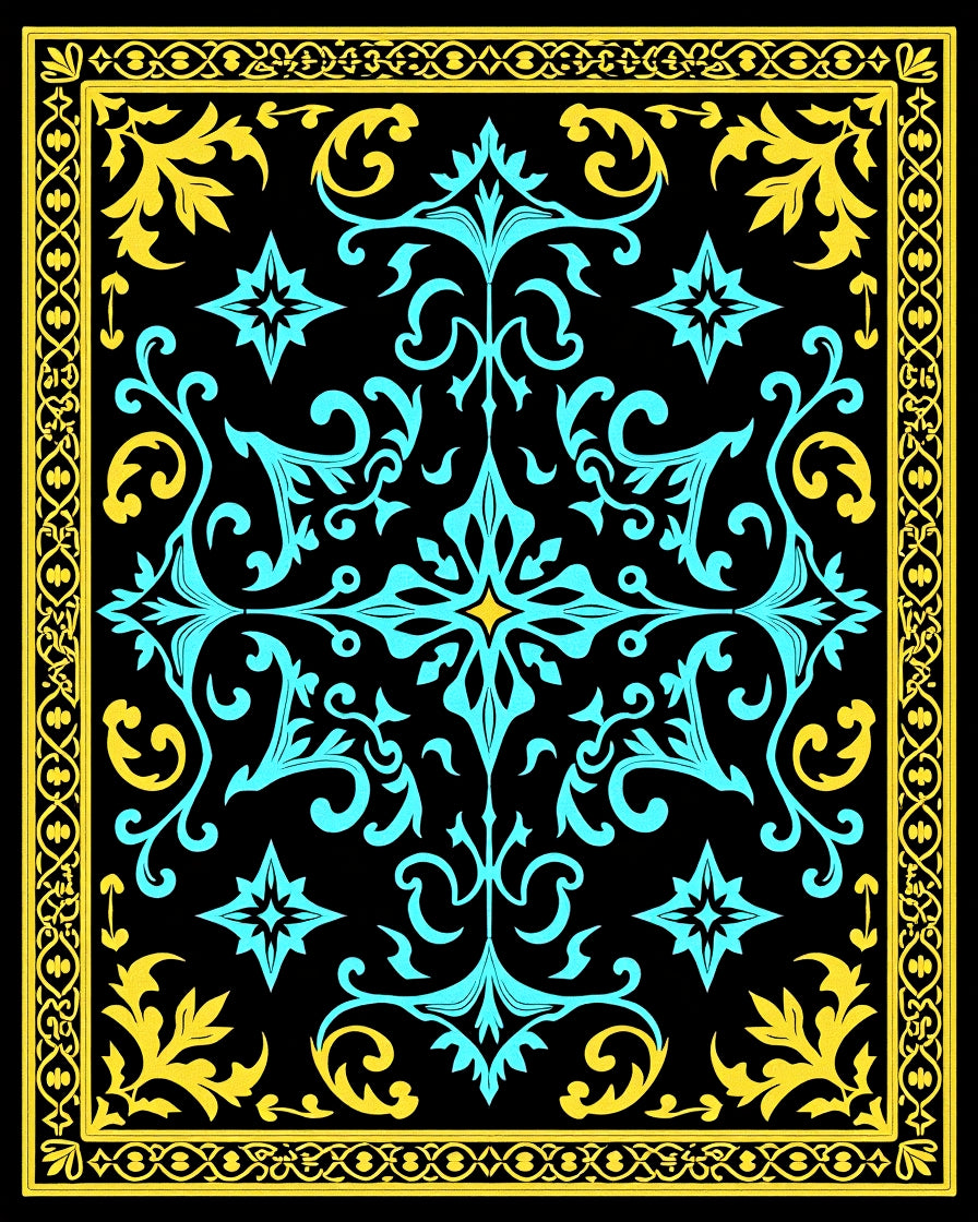 Black Teal Yellow Ornate Floral Rug