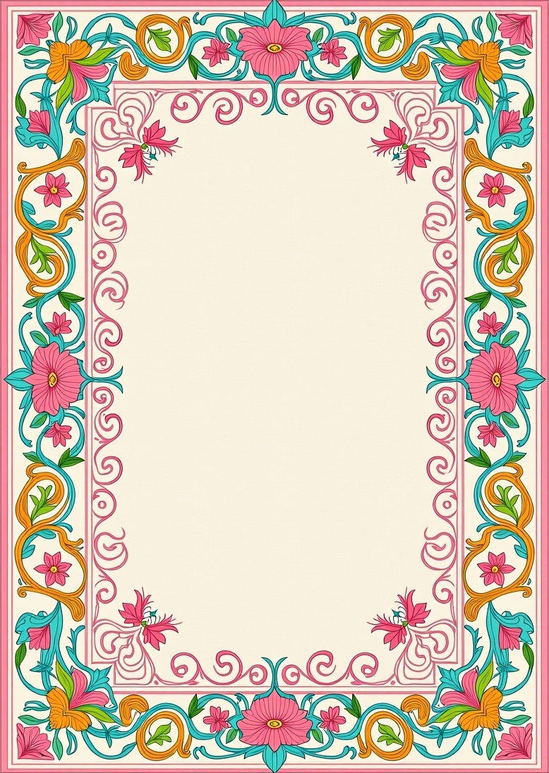 Pink Teal Coral Blooming Scrollwork Rug