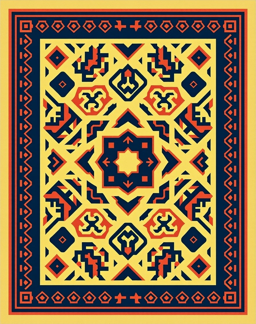 Bold Yellow Red Geometric Medallion Rug