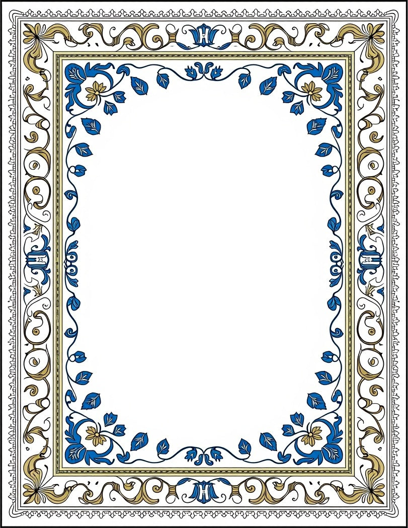 Ornate Blue Gold Scroll Border Art Rug