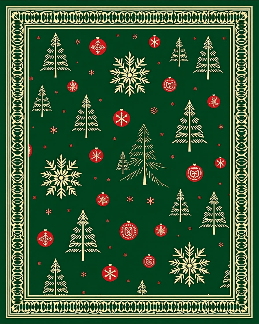 Festive Green Christmas Tree Ornament Snowflake Rug