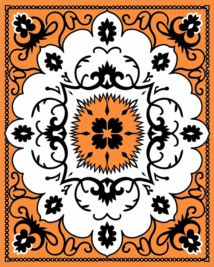Orange Black White Floral Medallion Rug