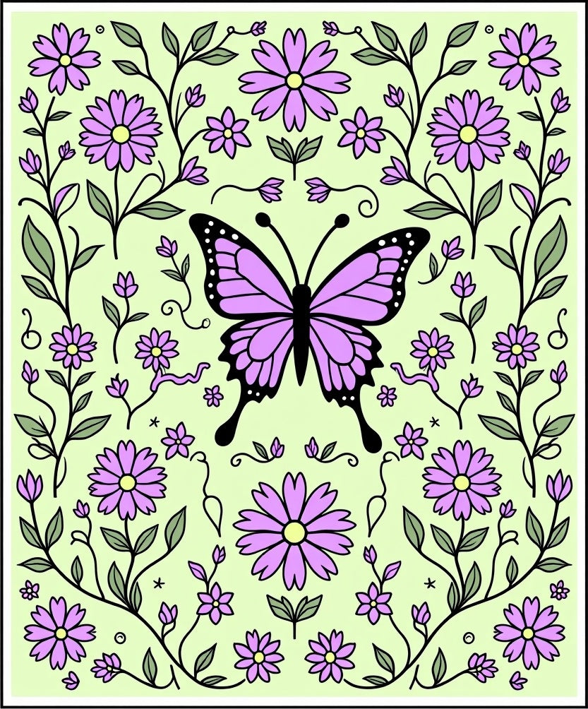 Whimsical Purple Butterfly Floral Garden Design Rug
