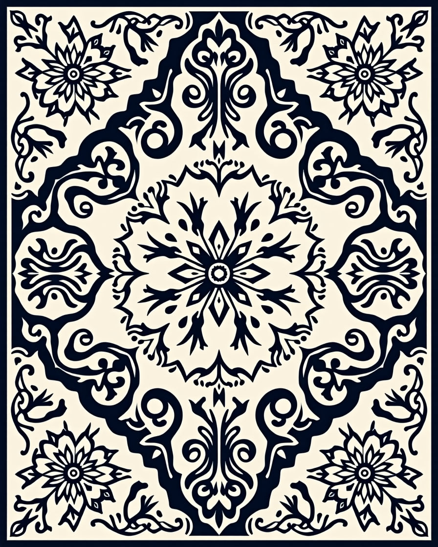 Dark Navy Floral Medallion Ornament Rug