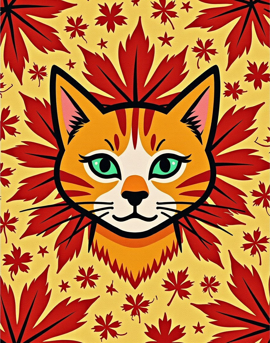 Autumn Cat Yellow Red Leaf Rug