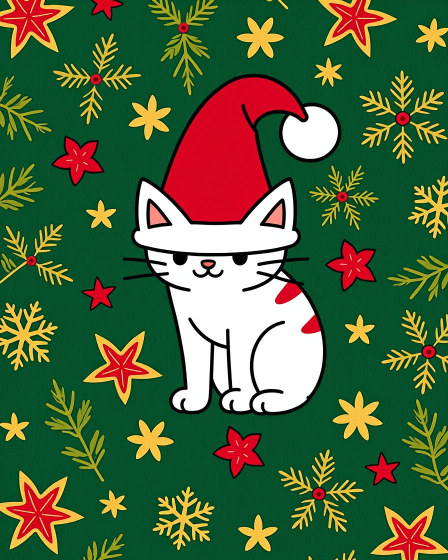 Holiday Cat Green Snowflake Star Accents Rug