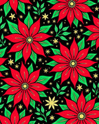 Red Poinsettia Floral Stars Black Rug