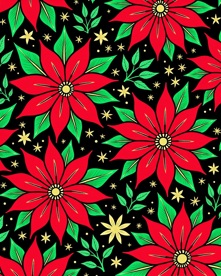 Red Poinsettia Floral Stars Black Rug