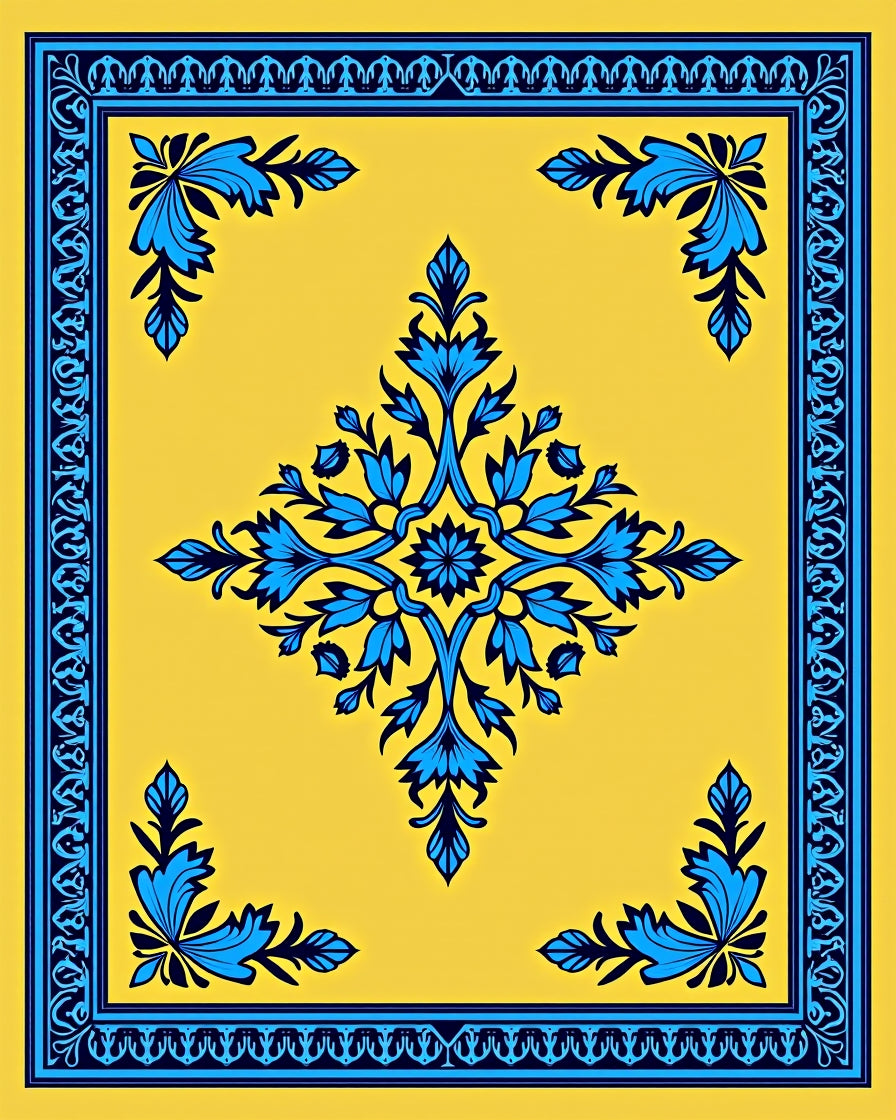 Yellow Blue Floral Medallion Frame Rug