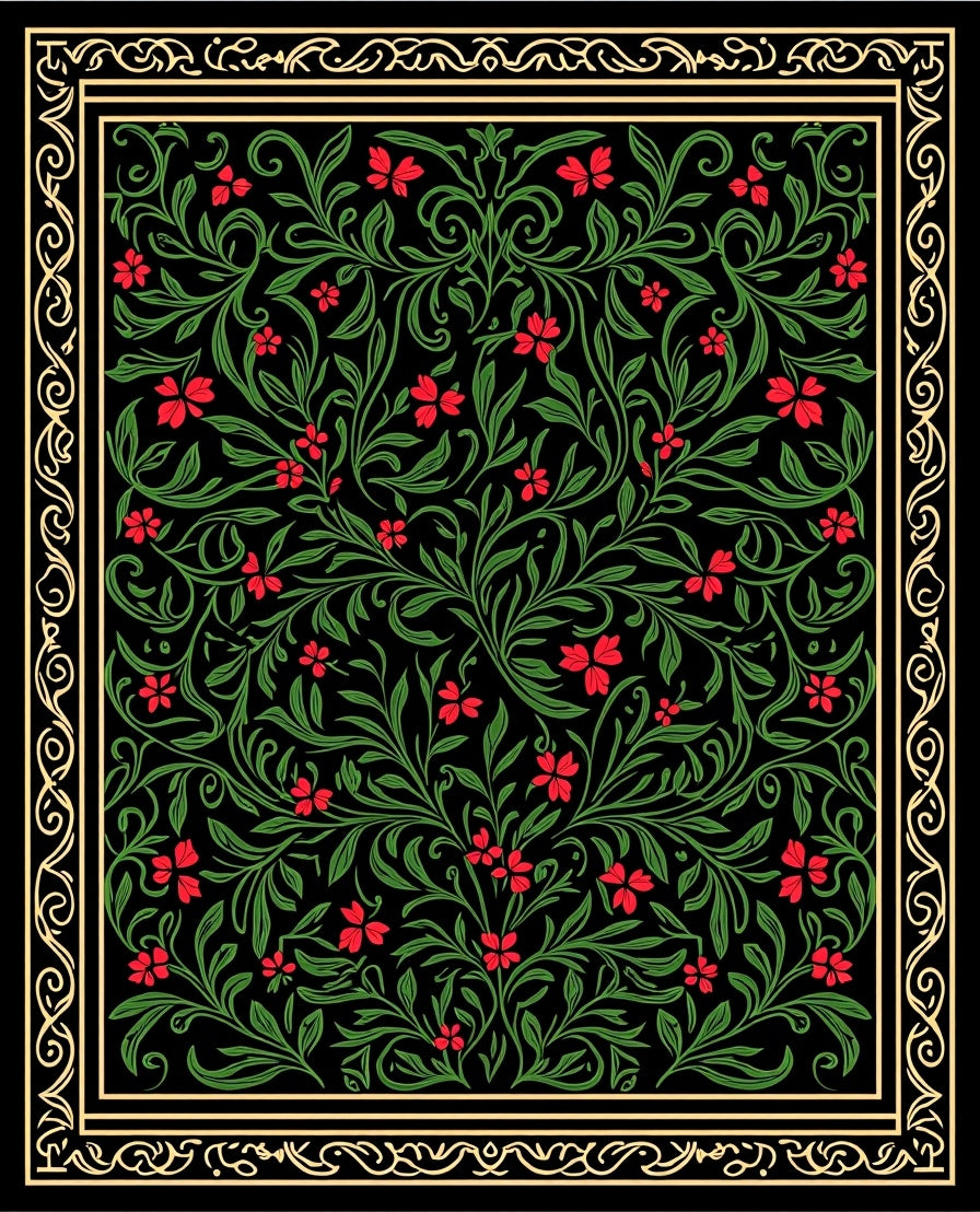 Black Crimson Floral Vine Scroll Rug