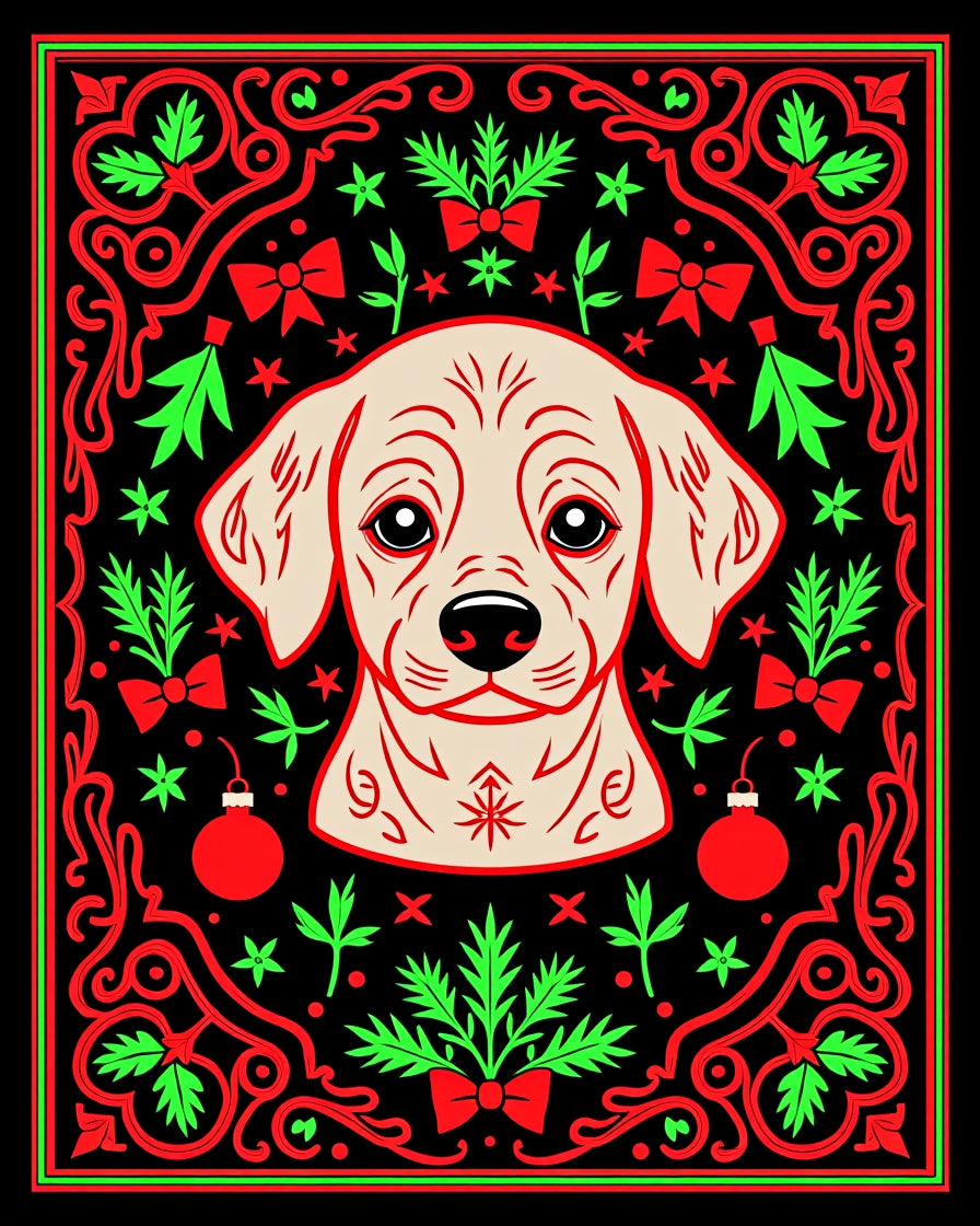 Festive Dog Christmas Ornament Border Rug