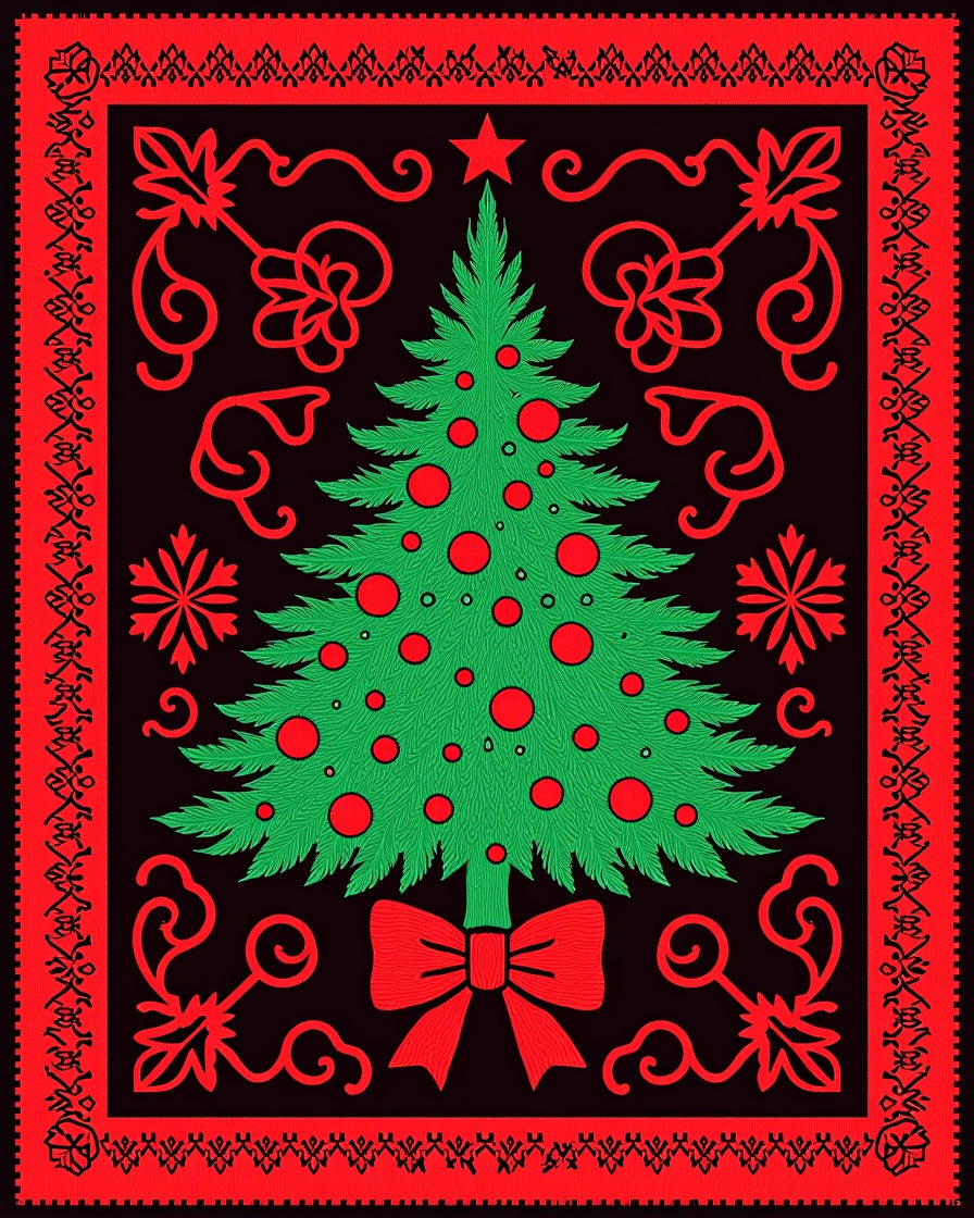 Festive Green Christmas Tree Red Border Rug