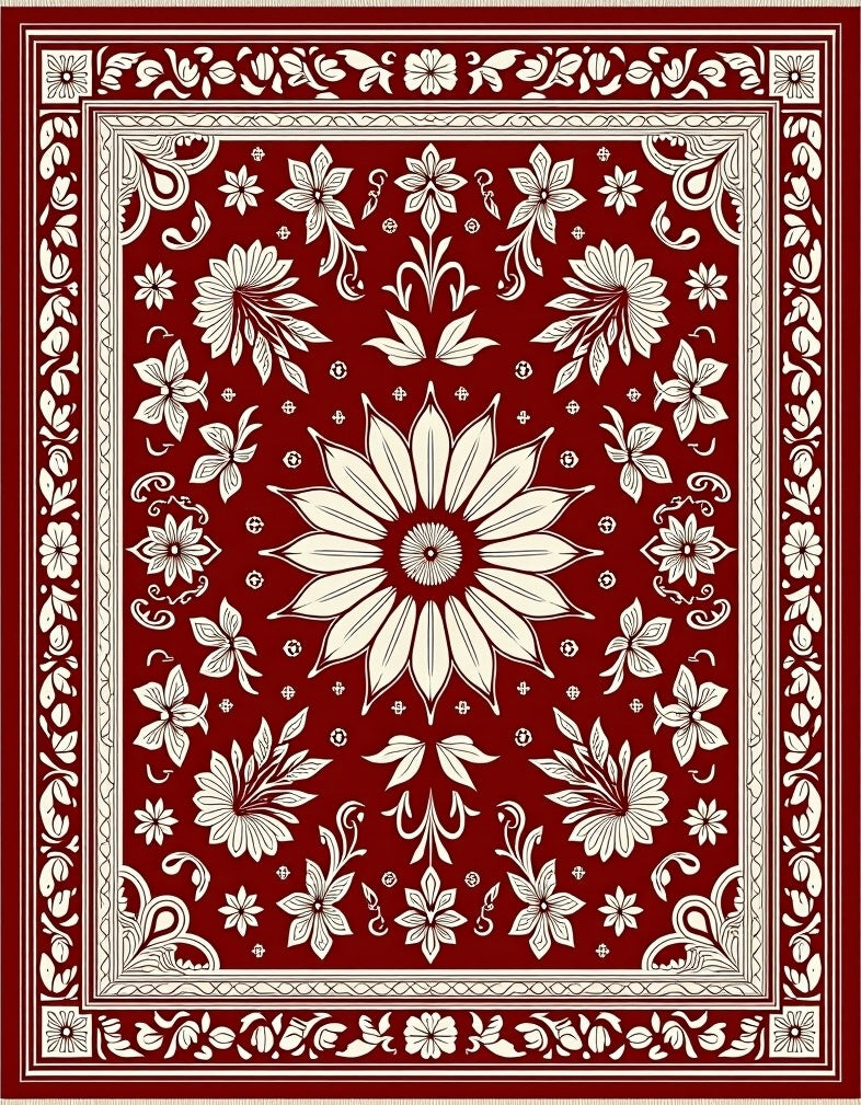 Crimson Cream Mandala Floral Tapestry Rug
