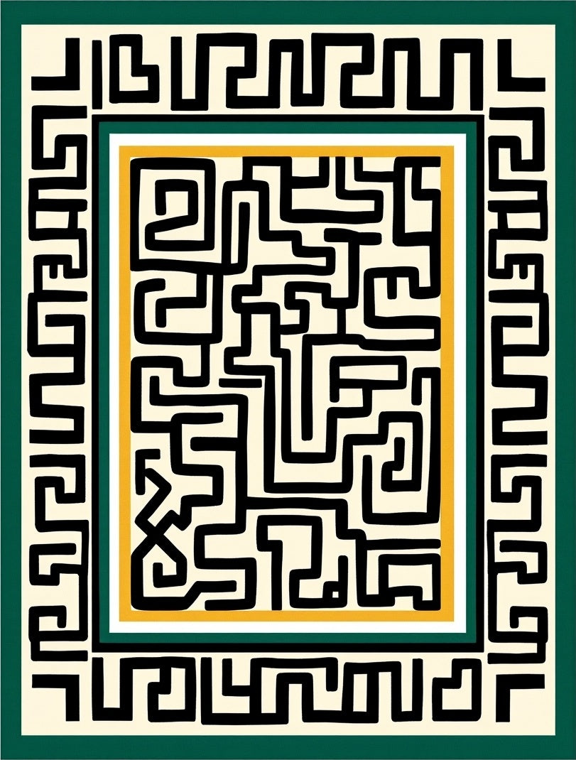 Black Geometric Maze Cream Border Rug