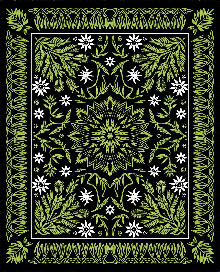 Lush Green White Floral Medallion Rug
