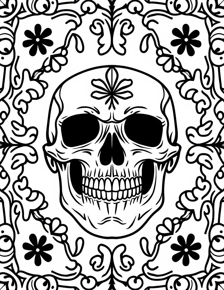 Bold Black Skull Floral Frame Rug