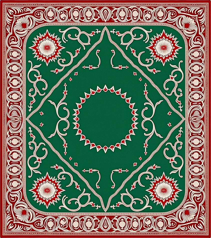 Classic Green Red Floral Medallion Rug