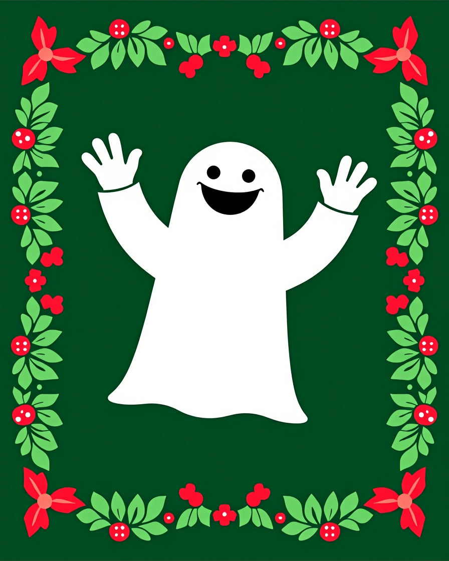 Happy White Ghost Green Holly Border Rug