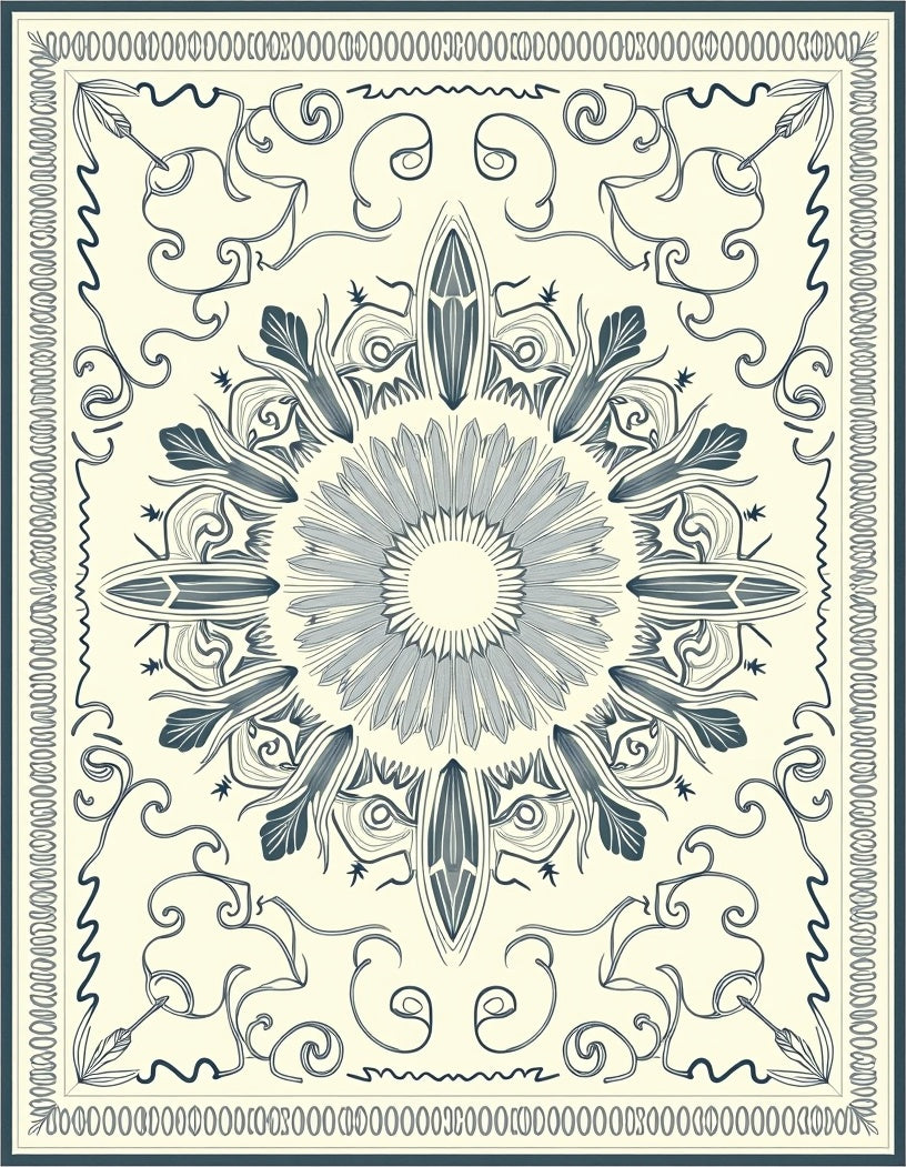 Cream and Navy Feathered Sun Medallion Rug