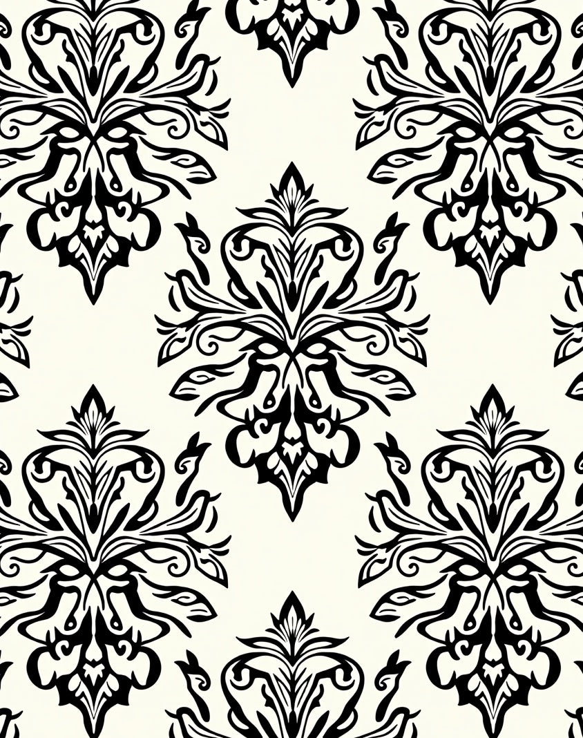 Classic Black and Cream Damask Ornament Rug