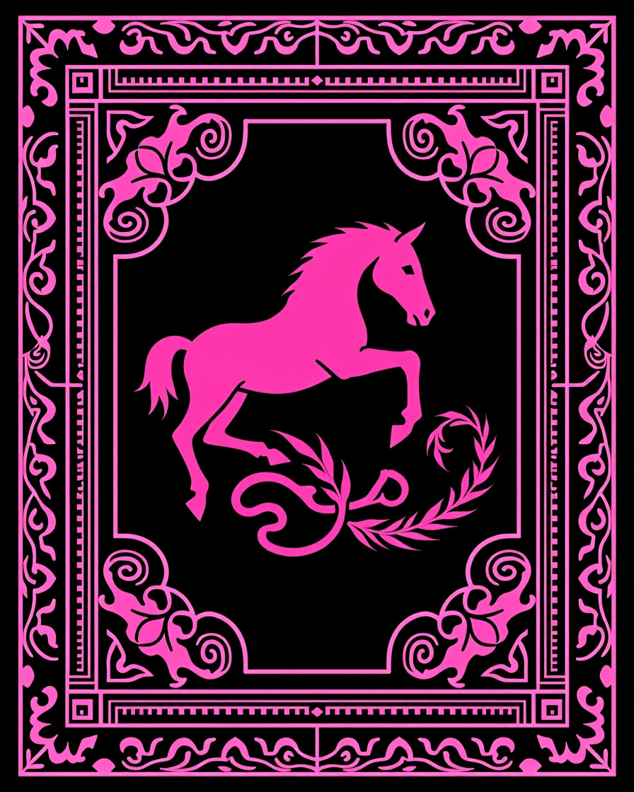 Vibrant Pink Horse Ornate FrameRug Rug