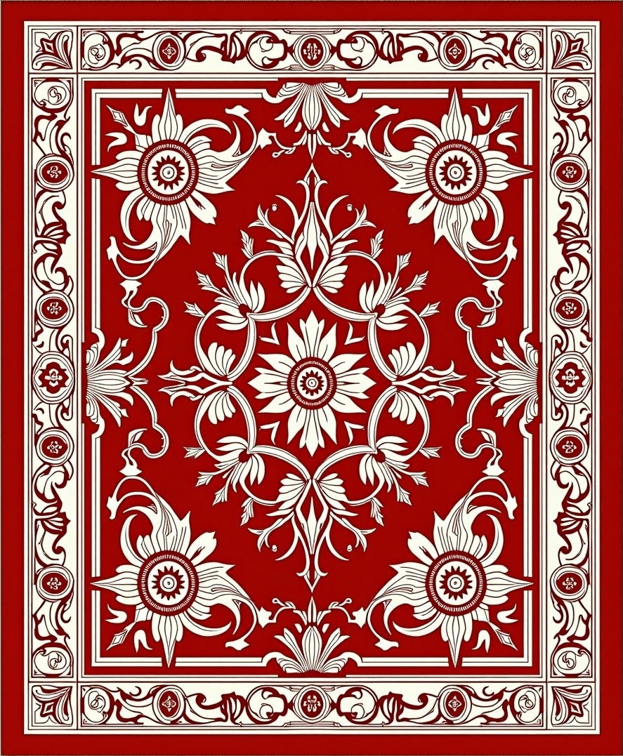 Red Cream Floral Scroll Border Rug