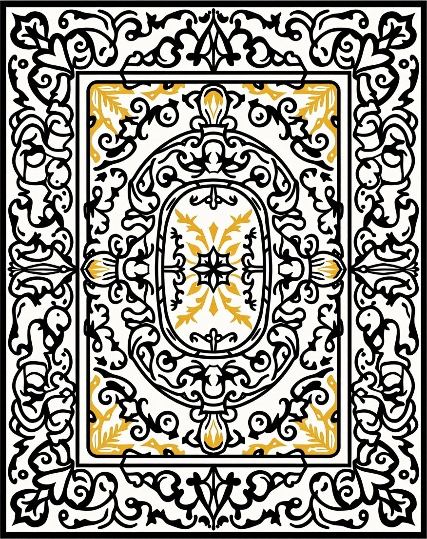 Ornate Black Gold Scrollwork Medallion Rug