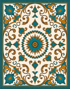 Teal Gold Arabesque Floral Square Rug