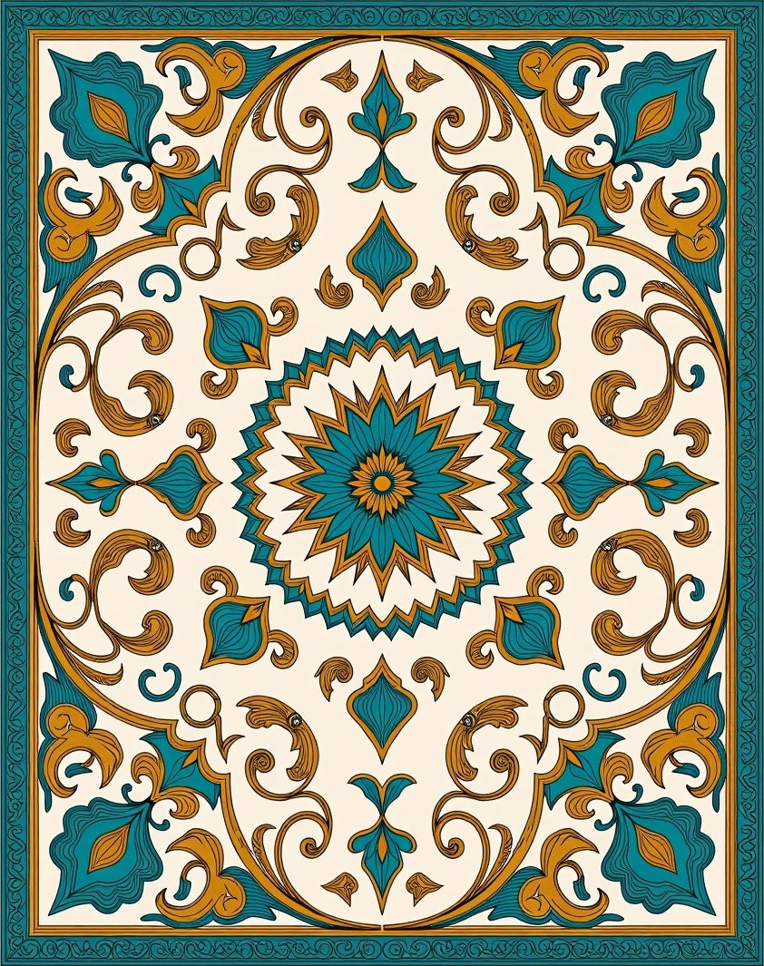 Teal Gold Arabesque Floral Square Rug