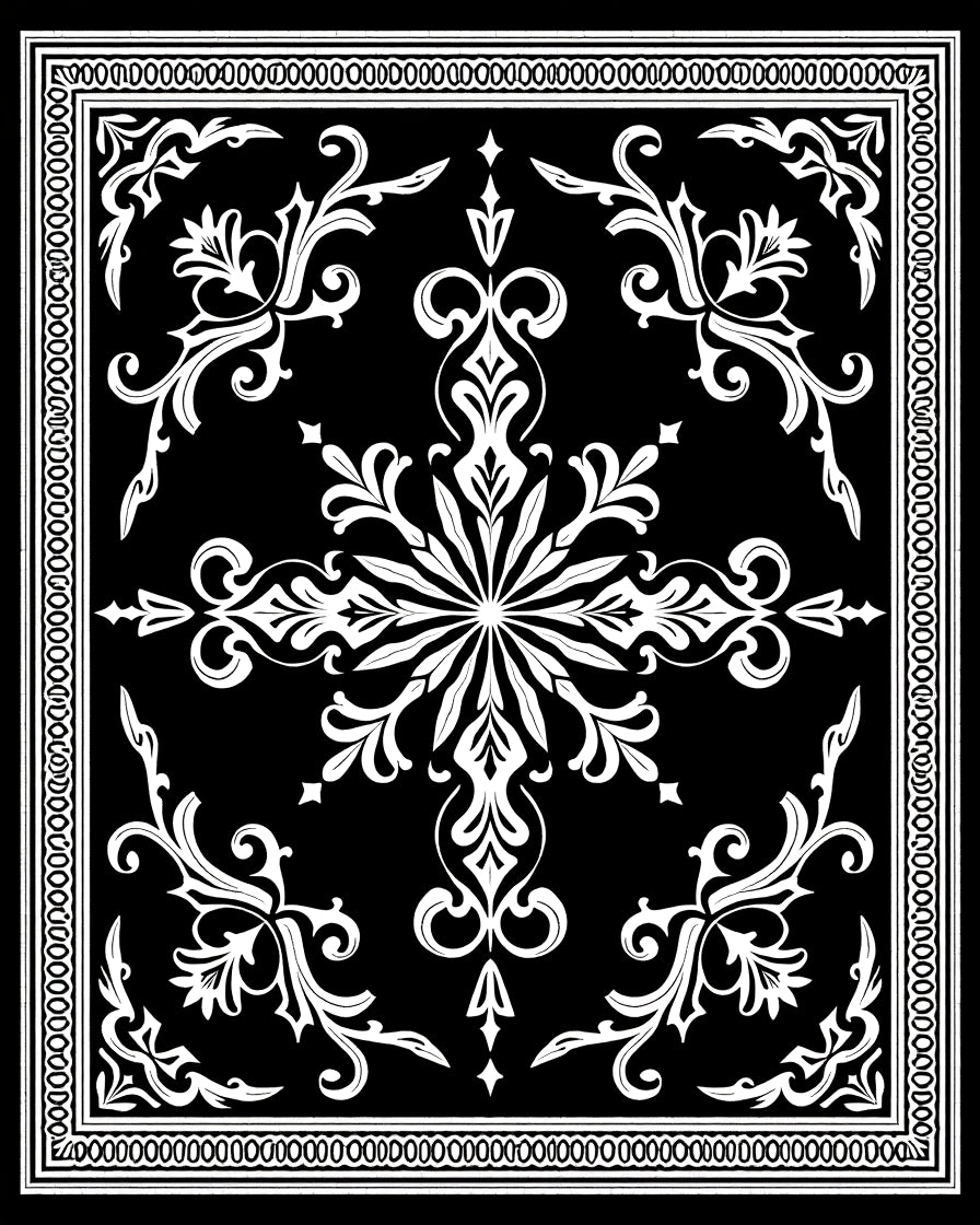 Black White Damask Scrollwork Medallion Rug