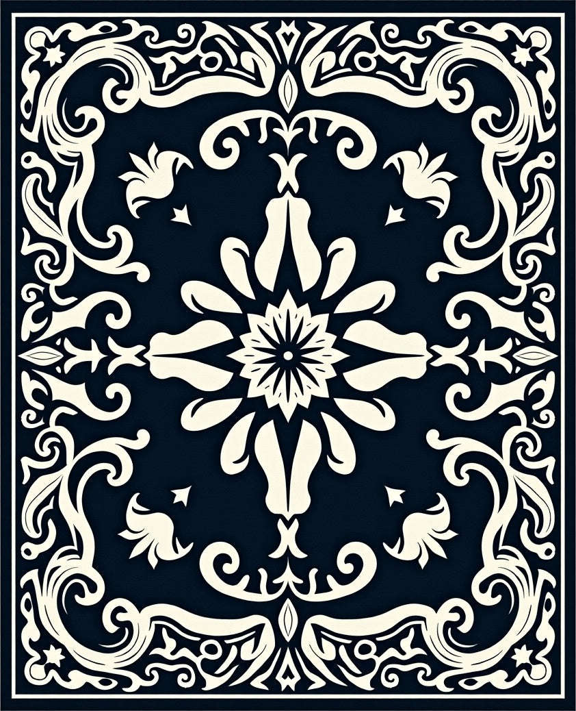 Dark Navy Ivory Scrollwork Medallion Rug