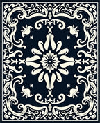 Dark Navy Ivory Scrollwork Medallion Rug