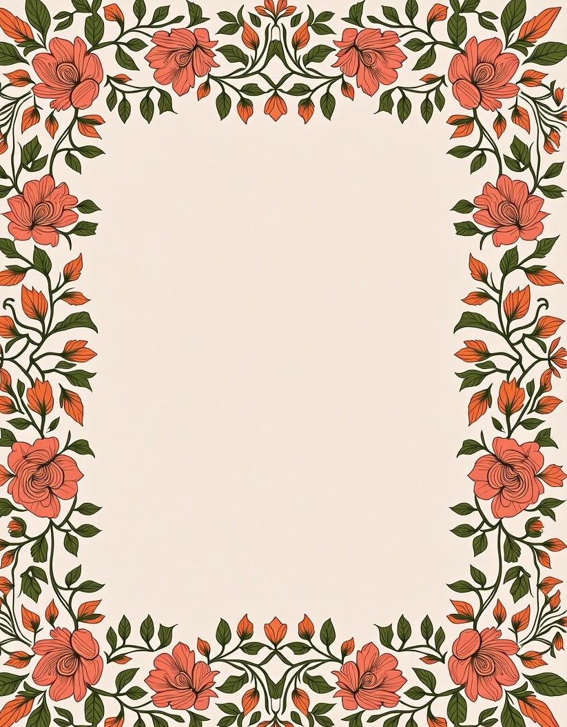 Coral Floral Vine Border Rug