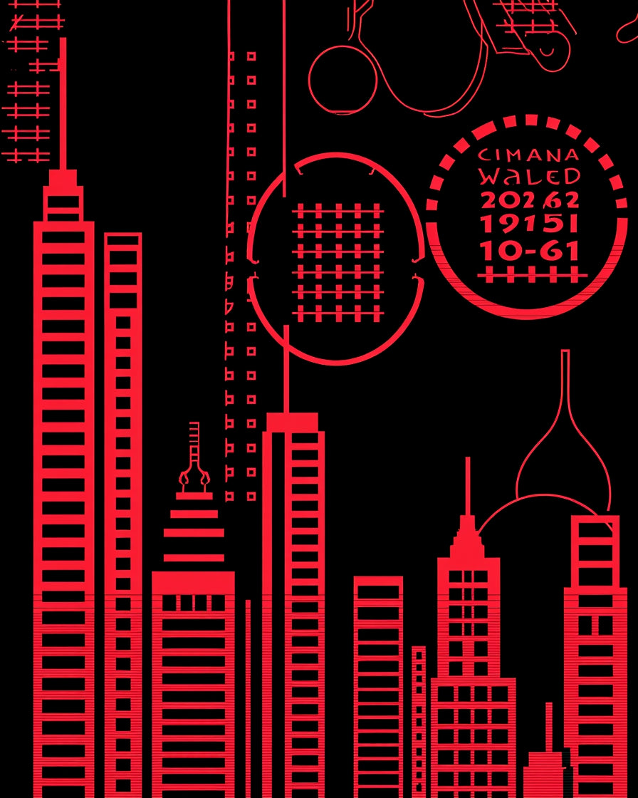 Red Cityscape Geometric Skyscrapers Rug