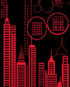 Red Cityscape Geometric Skyscrapers Rug