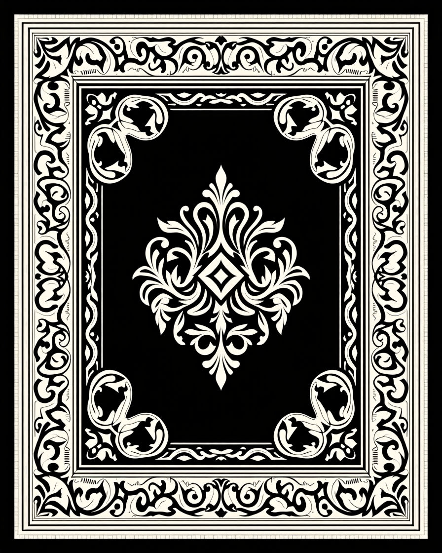 Ornate Ivory Filigree On Black Rug