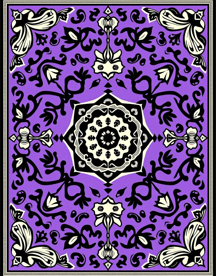 Purple Black White Floral Medallion Rug