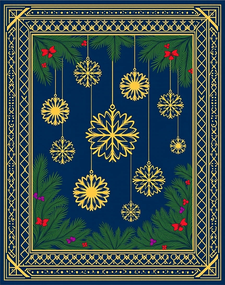 Festive Golden Snowflake Navy Christmas Rug