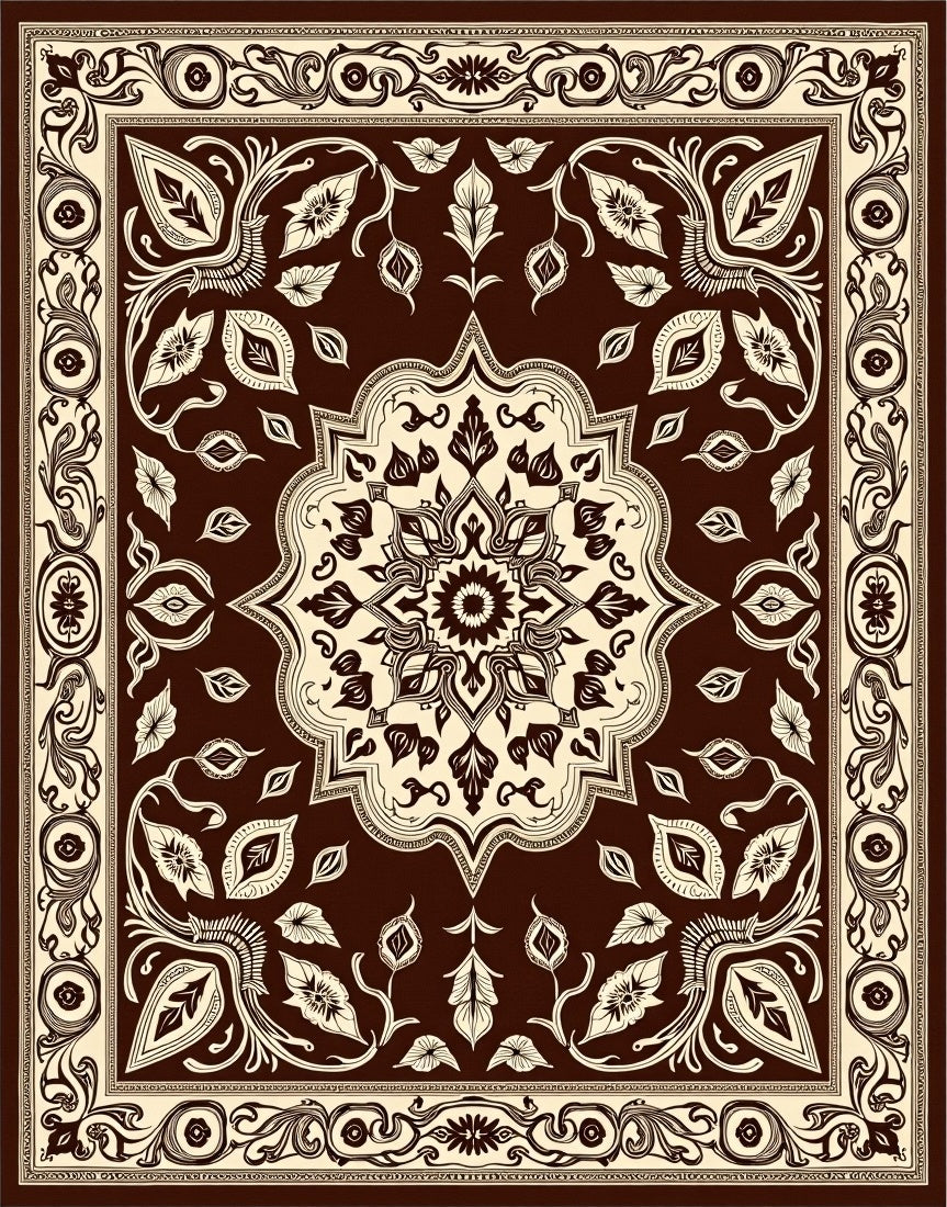 Ornate Brown Floral Medallion Arrangement Rug
