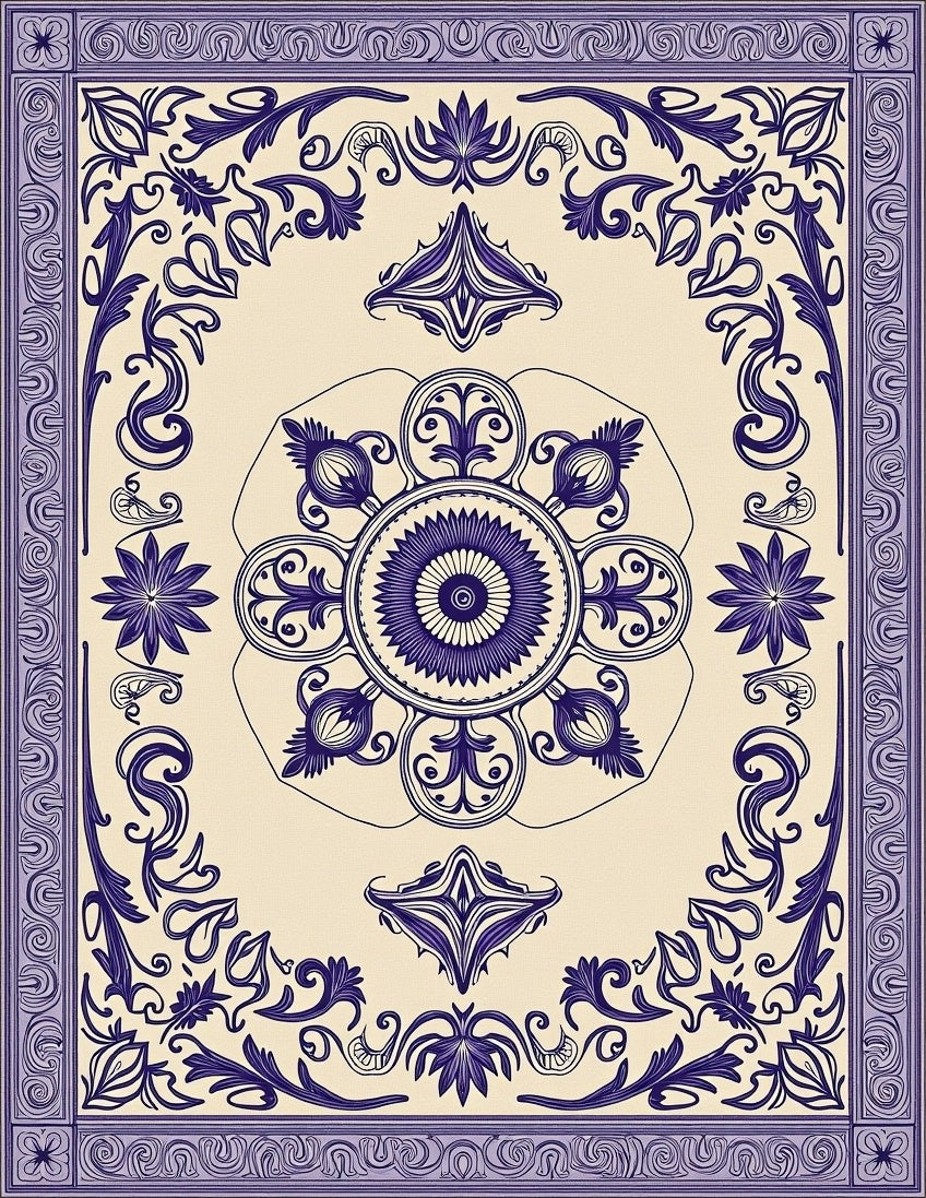 Deep Indigo Floral Medallion Border Rug