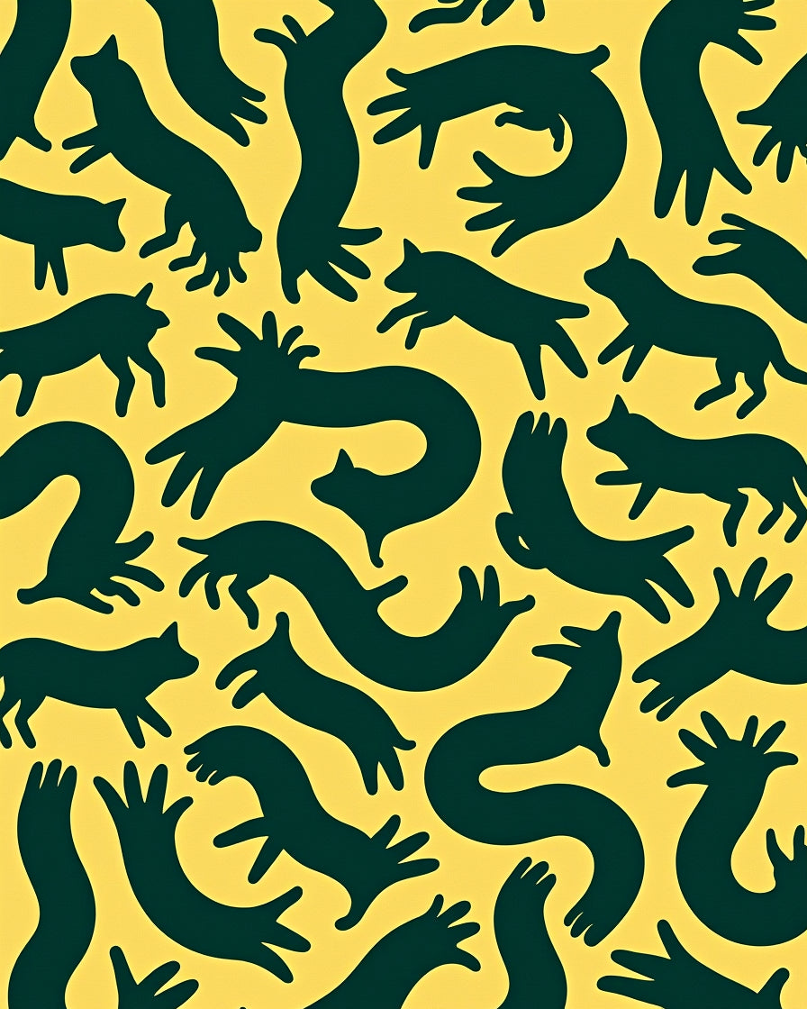 Dark Green Whimsical Animals Yellow Background Rug