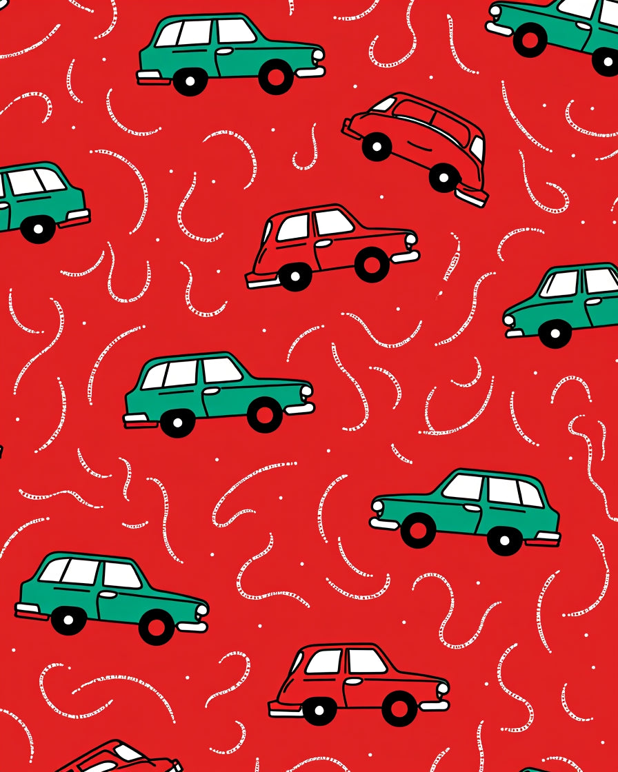 Red Teal Cars Whimsical Motion Rug