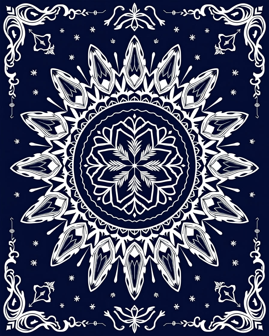 Navy White Ornamental Mandala Rug