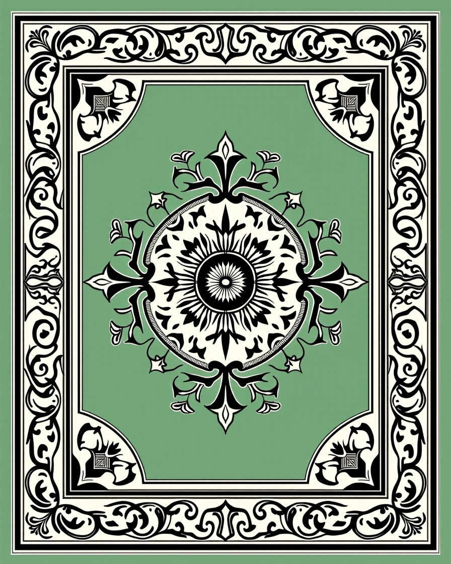 Sage Green Floral Medallion Border Rug