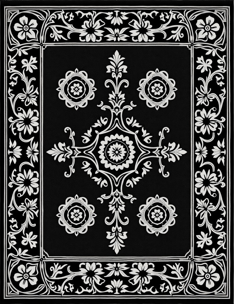 Black White Floral Medallion Frame Rug