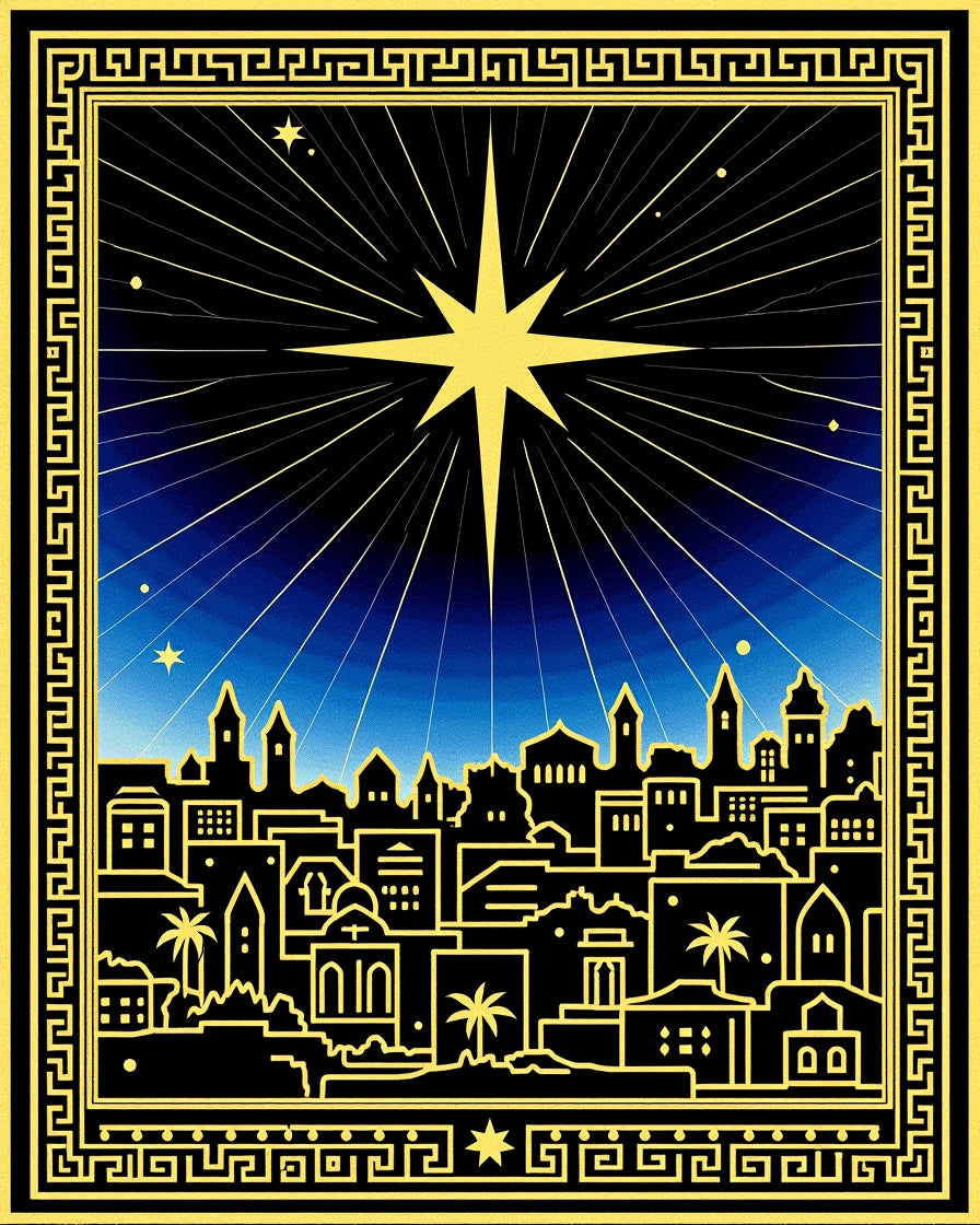 Golden Starry Night Cityscape Rug