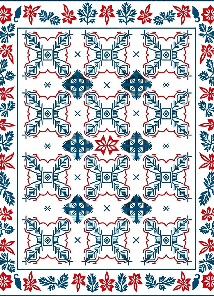 Navy Red Geometric Floral Border Rug